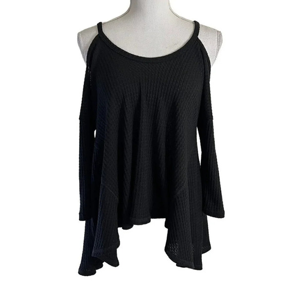 Aqua Black Knit Cold Shoulder Top Size XS Flowy High Low Pullover Relaxed Fit - Picture 1 of 6